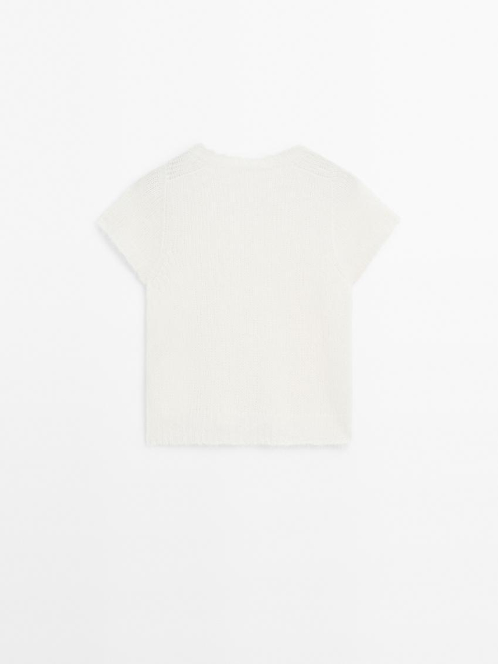 Massimo Dutti Трикотажный свитер из смесовой альпаки с короткими рукавами, натуральный, кремовый