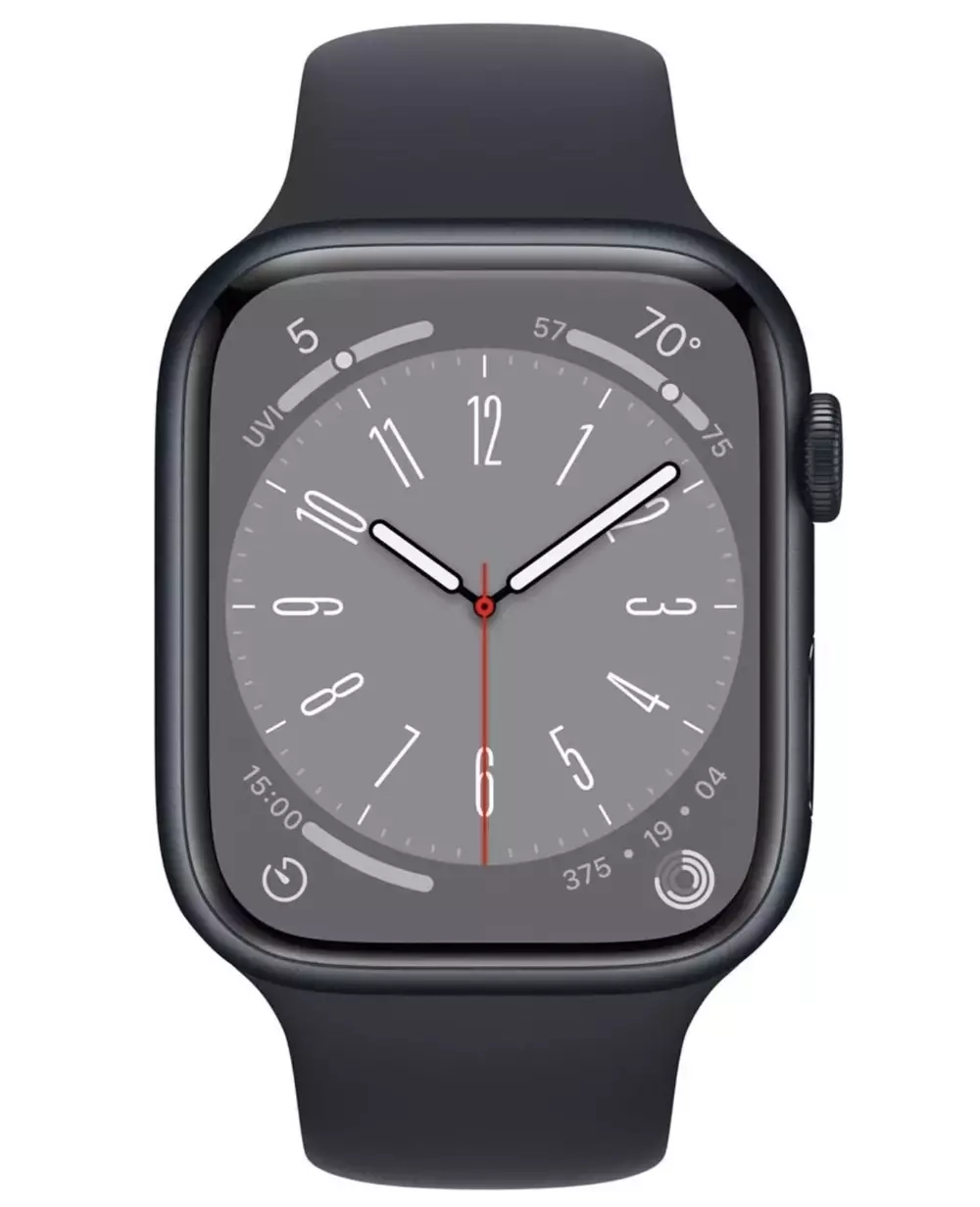 Apple Watch Series 8, 45 мм, из алюминия цвета «тёмная ночь», спортивный ремешок
