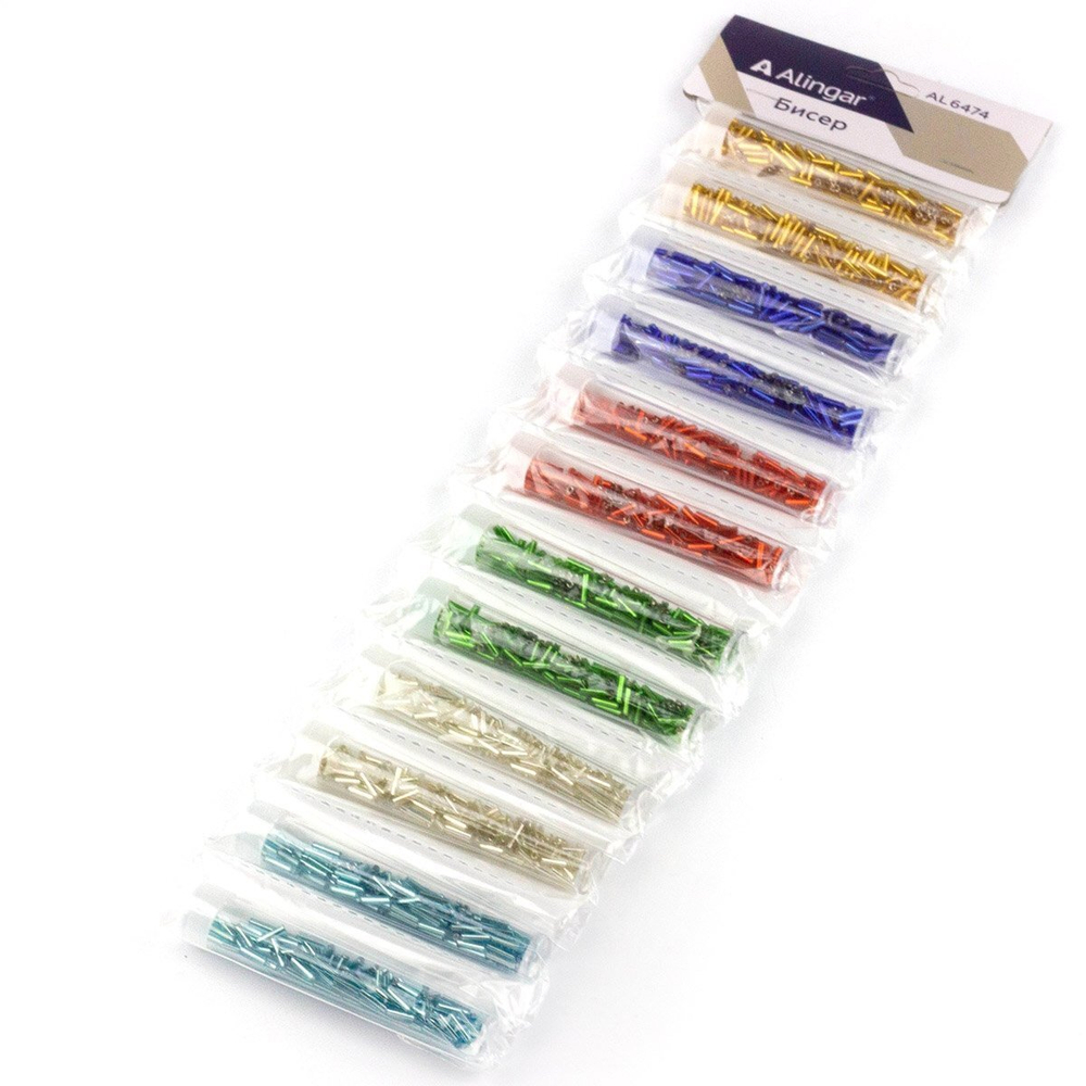 Набор бисера Alingar, циклярус, 6 цветов х 2 шт, 5 гр, "Ассорти" (син, крас,зел,голуб,зол,жемчуж), блистер 12 шт, тубус, европодвес