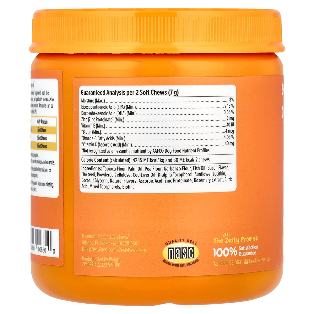 Zesty Paws, Skin &coat Bites, для собак всех возрастов, со вкусом бекона, 90 жевательных таблеток, 315 г (11,1 унции)