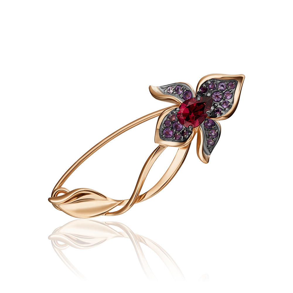 Брошь «Лотос» из красного золота c гранатом и аметистами Артикул: 04-0243-00-257-1110-57