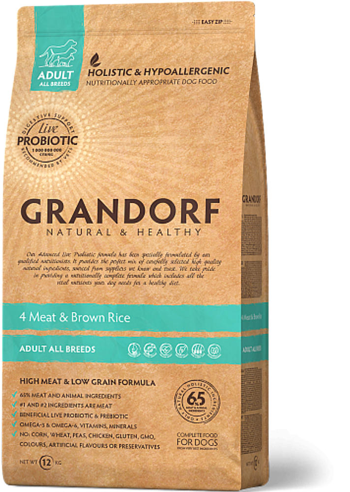 Grandorf Dog All breeds 4 Meat&amp;Rice Probiotic 4 мяса с рисом и пробиотиками для всех пород, сухой (3 кг)