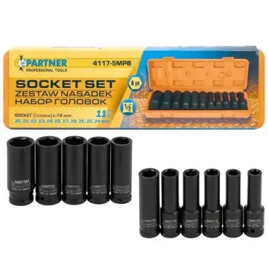 Головки ударные глубокие, набор 11пр., 1/2''(6гр.) Partner PA-4117-5MPB