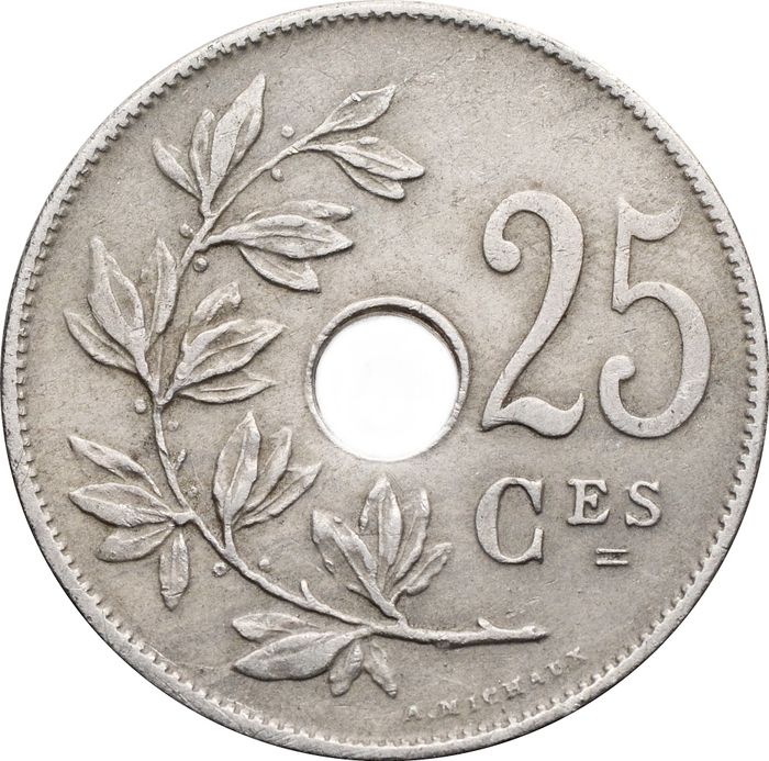 25 сантимов 1909 Бельгия (надпись на французском - ROYAUME DE BELGIQUE)