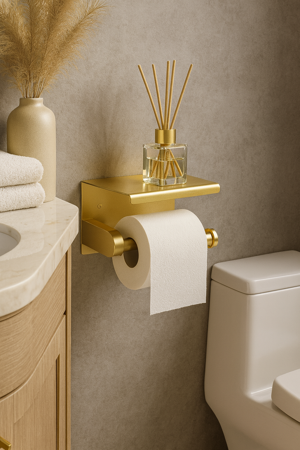 Держатель для туалетной бумаги STWORKI Хельсинки S33345GM настенный, матовое золото, с полкой