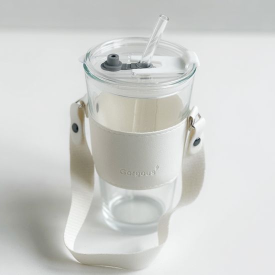 Кружка стеклянная с трубочкой и кожаной ручкой, 450 мл