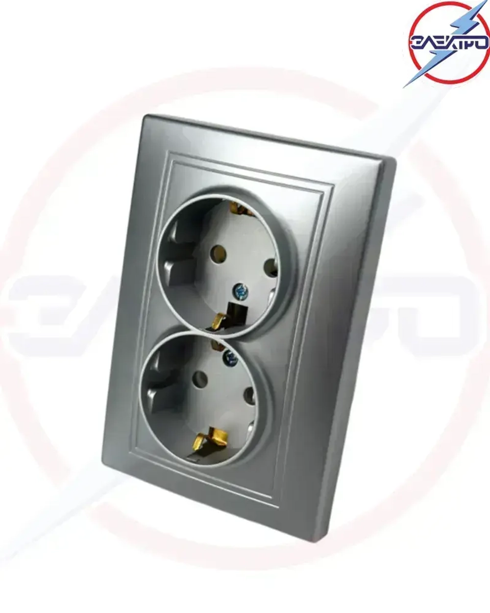 Розетка двойная с заземлением МИРА, цвет серебро, внутренняя
