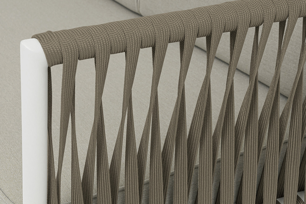 "Касабланка" диван 3-местный плетеный из роупа, каркас алюминий светло-серый (RAL7035) муар, роуп серо-коричневый 23мм, ткань бежевая 15052