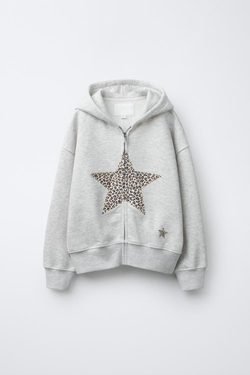 ZARA ТОЛСТОВКА НА МОЛНИИ С АНИМАЛИСТИЧЕСКИМ ПРИНТОМ ЗВЕЗДЫ, СЕРЫЙ МЕЛАНЖ