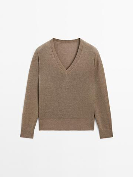 Massimo Dutti Вязаный свитер с длинными рукавами и V-образным вырезом, коричневый