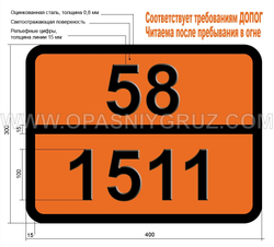 Табличка Опасный груз 58-1511 КАРБАМИДА И ВОДОРОДА ПЕРОКСИДА КОМПЛЕКС
