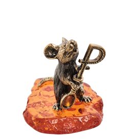 Народные промыслы AM-1677 Фигурка «Мышь с ложкой Рубль» (латунь, янтарь)
