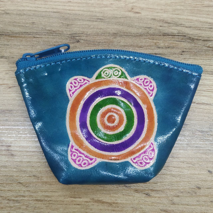 Кошелек под мелочь Черепаха цвет бирюзовый, кожа, ручной принт 11x1,5x7,5 см