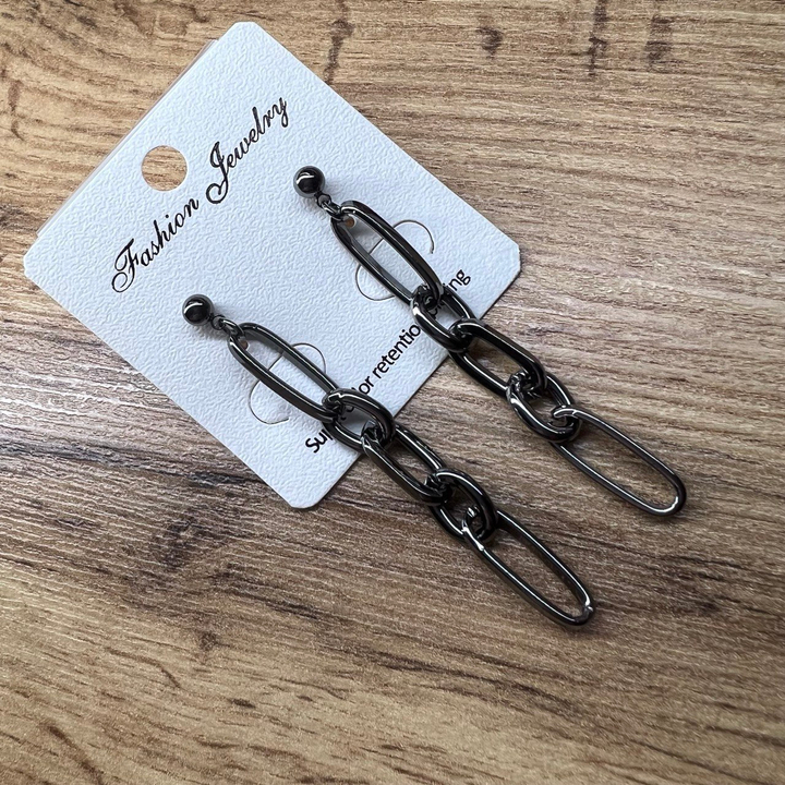 Серьги "Цепи" бусинка подвеска 5 звеньев ассорти плетение якорное овал плоский и круглый металл графитовый 6 см