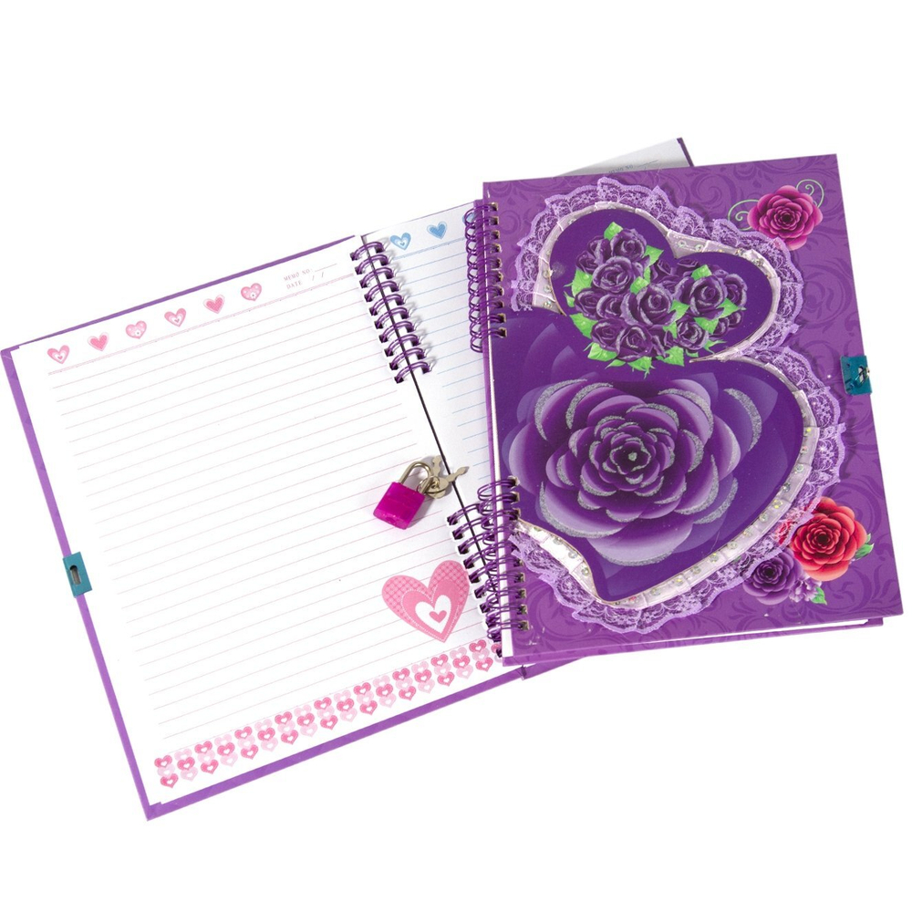 Блокнот 18,5 см * 27 см, гребень, Alingar, ламинация, глиттер, аппликация, замочек, 55 л., "Роза в сердце", фиолетовый