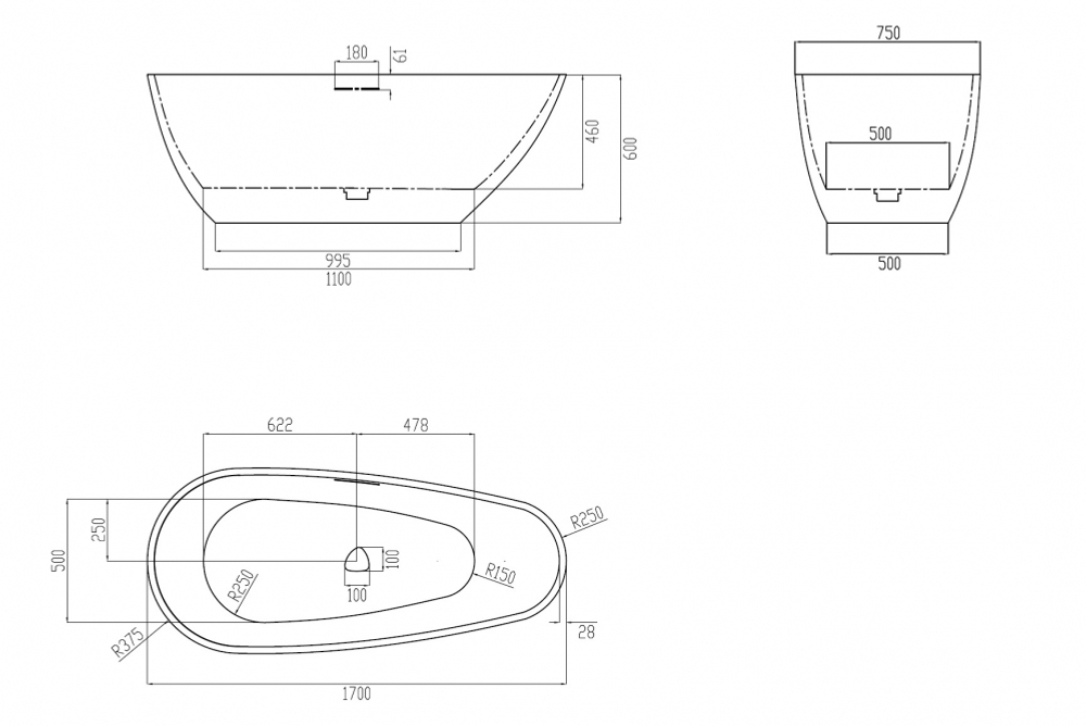 Ванна из искусственого камня ABBER Dortmund AM9911G серая