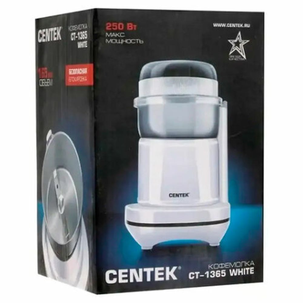 Кофемолка CENTEK CT-1365, мощность 250 Вт, вместимость 70 г, пластик, белая, CT-1365 White