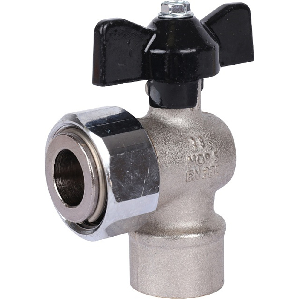 Кран шаровой с накидной гайкой STOUT угловой 1/2"x3/4" ВР/накидная гайка (бабочка)