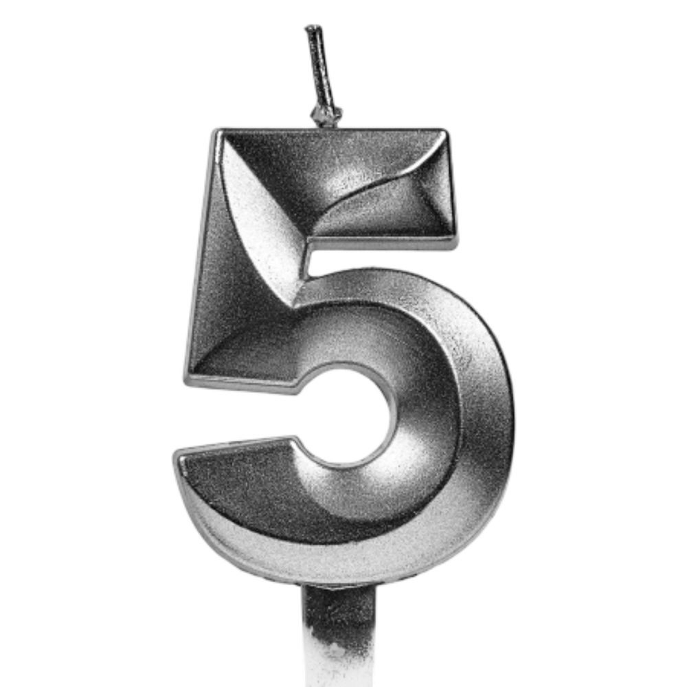 Свечи для торта, цифра 5 (серебро, 5 см)