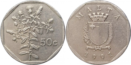 Мальта 50 центов, 1991 - 2007 Герб XF