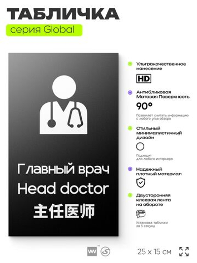 Табличка Главный врач, на дверь и стену, информационная и мультиязычная (русский, английский, китайский), серия GLOBAL, 25х15 см, Айдентика Технолоджи