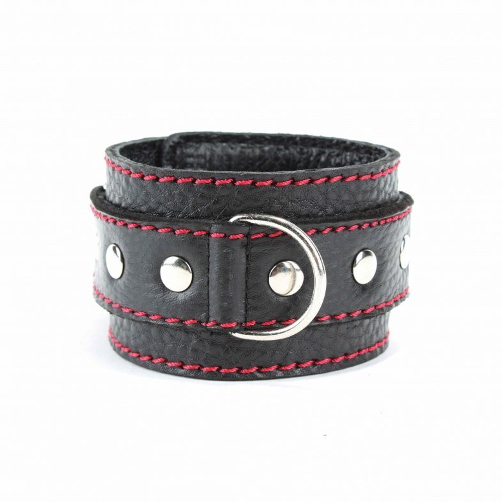 Черные наручники из натуральной кожи с красной строчкой (Цвет: черный)