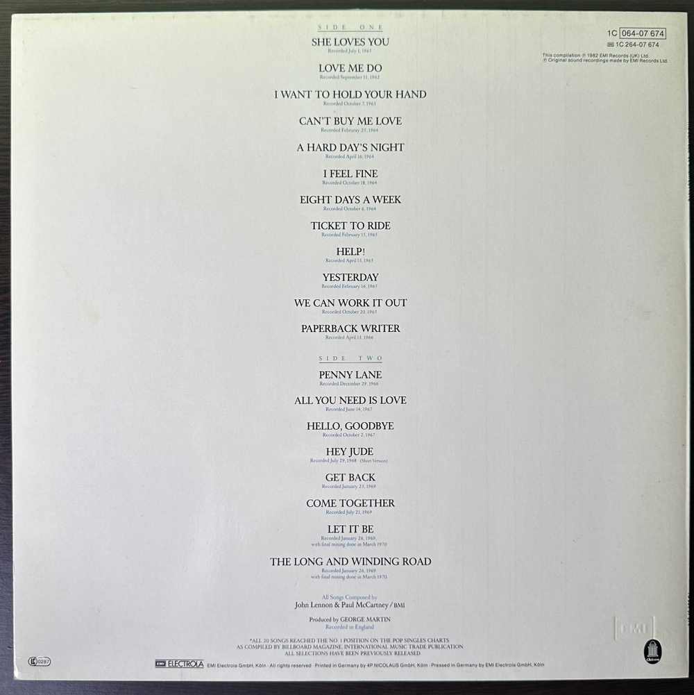 The Beatles ‎– 20 Greatest Hits (Германия 1982г.)