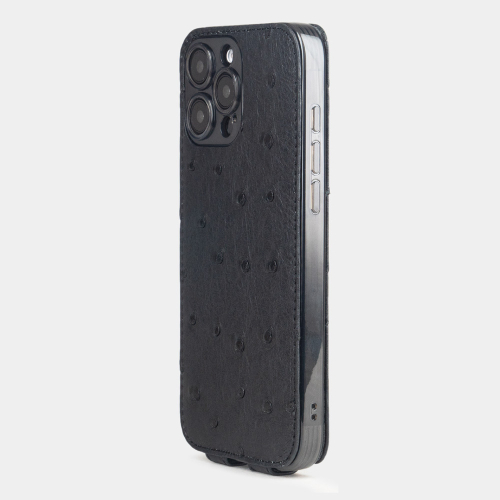 Кожаный чехол для iPhone 16 Pro, страус черного цвета