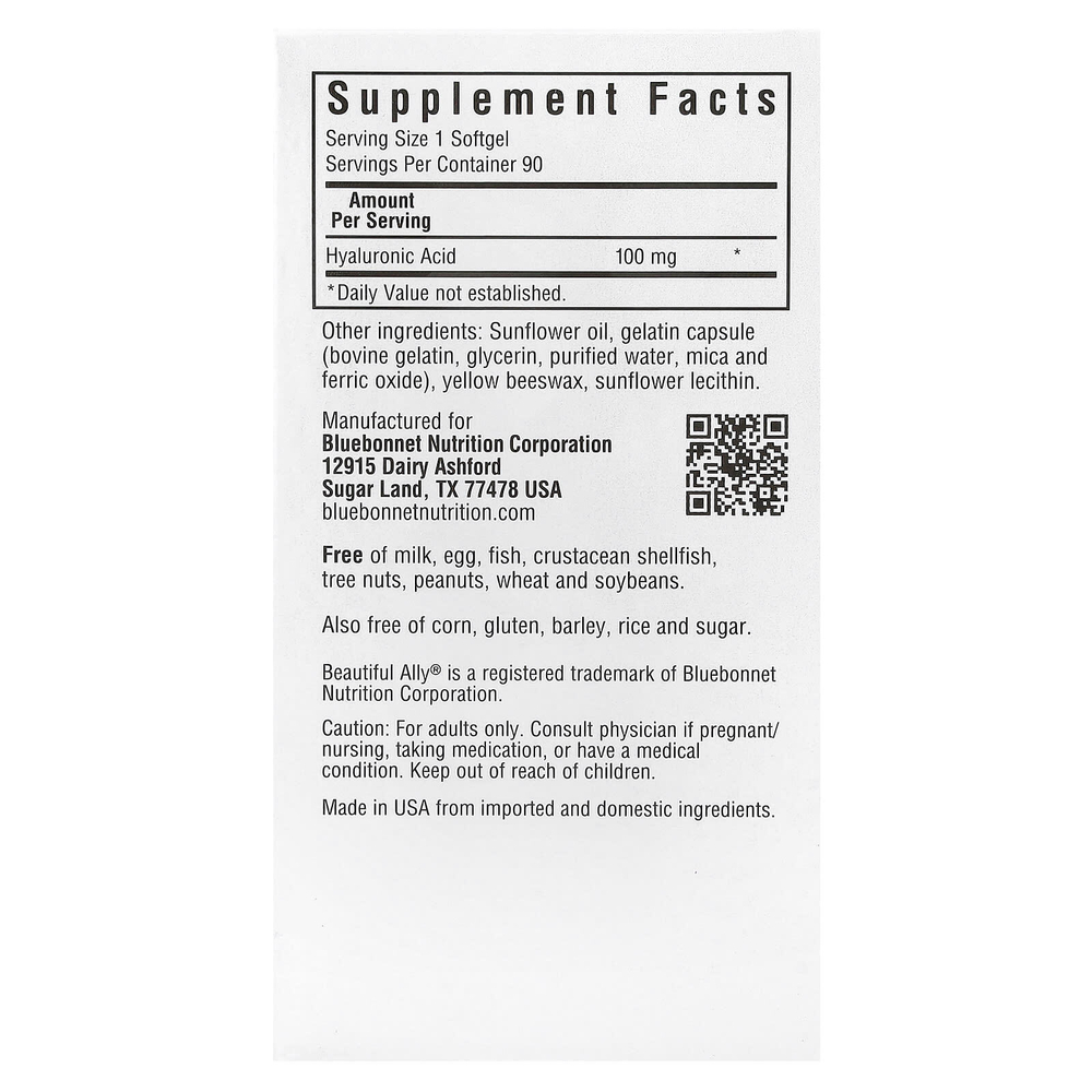 Bluebonnet Nutrition, Beautiful Ally, гиалуроновая кислота, 100 мг, 90 мягких таблеток