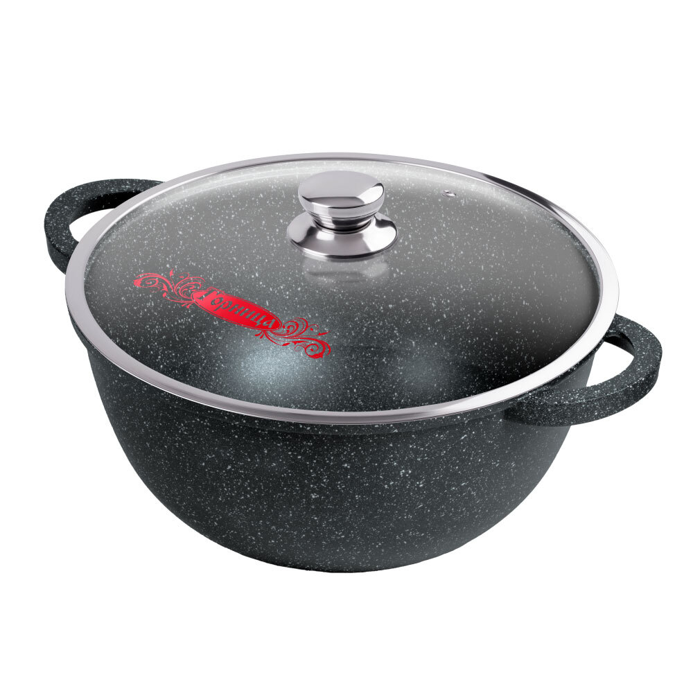 Казан 6л 28*15см Гранит с литыми ручками и стеклянной крышкой, кн4282аг