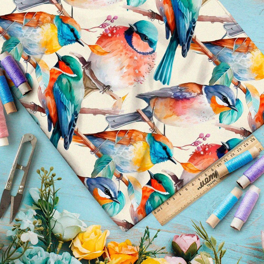 Ткань премиум дюспо акварельные птицы