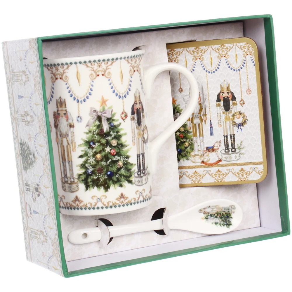 Кружка керамическая 300мл «Щелкунчик» в наборе с ложкой и подставкой, в подарочной коробке