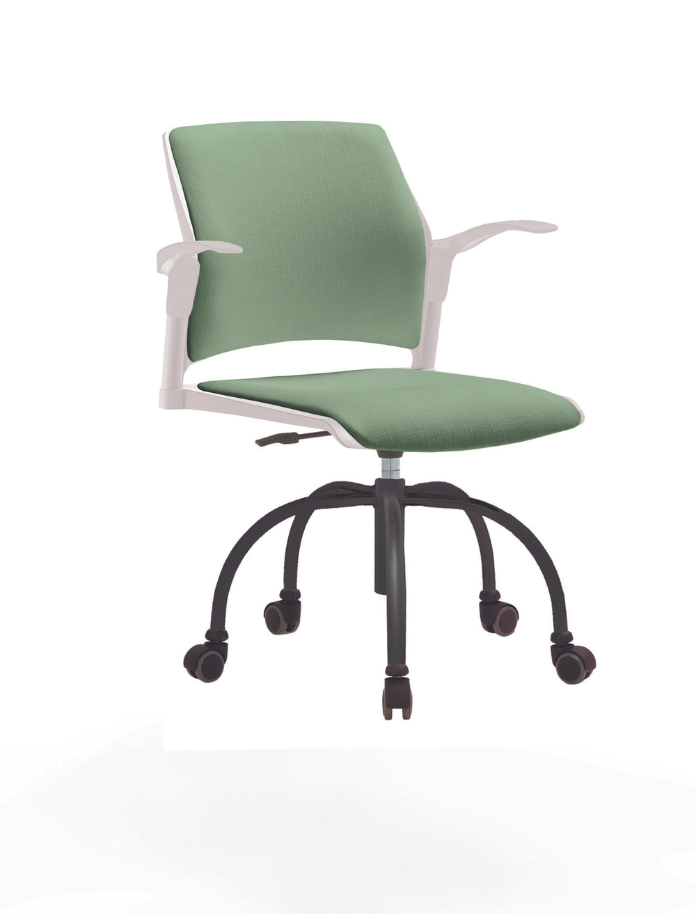 Кресло Rewind каркас черный, пластик белый, база паук краска черная, с открытыми подлокотниками, сиденье и спинка бледно-зеленые