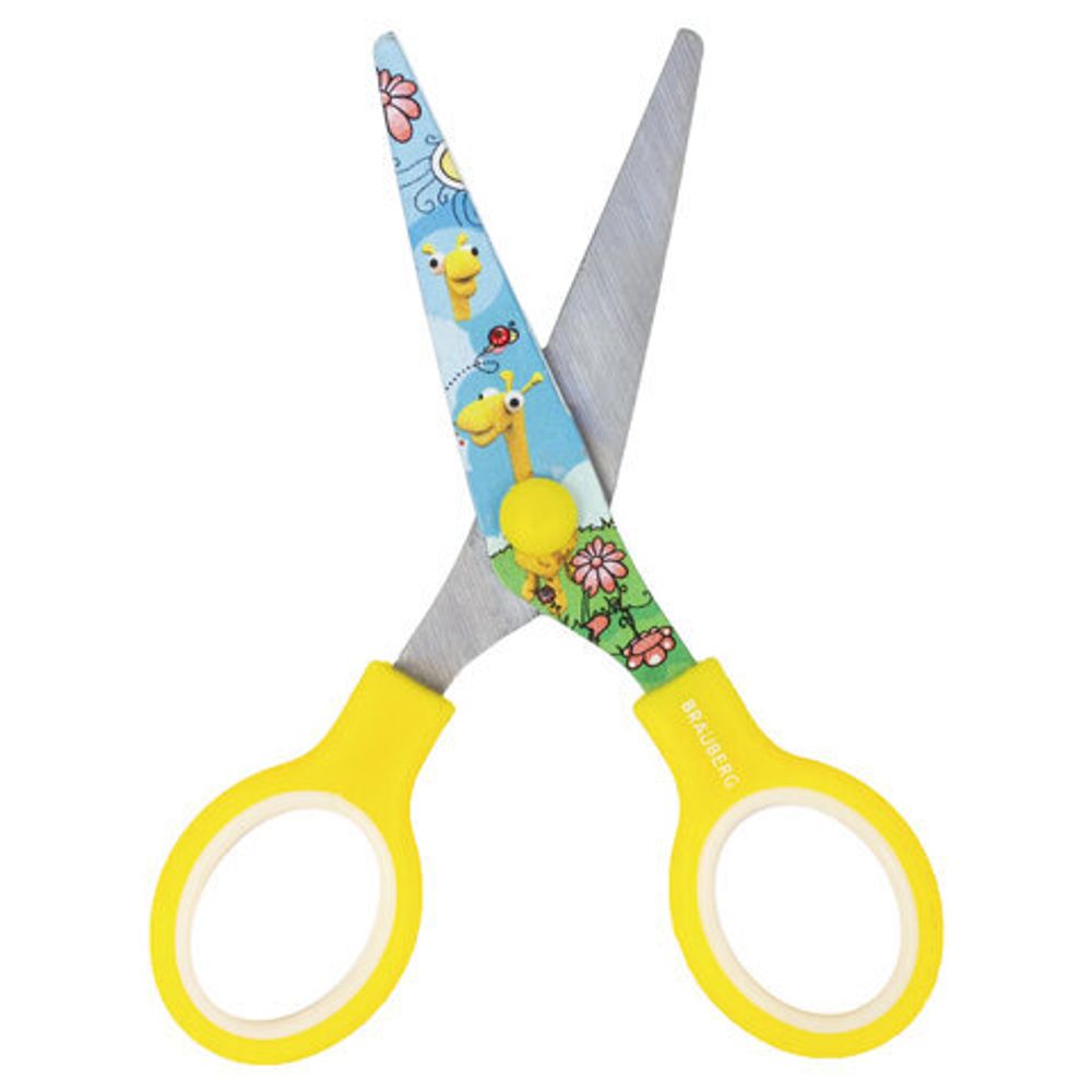 Ножницы BRAUBERG "Kid Series", 130 мм, жёлтые, с цветной печатью "Жирафы", закругленные, 232269