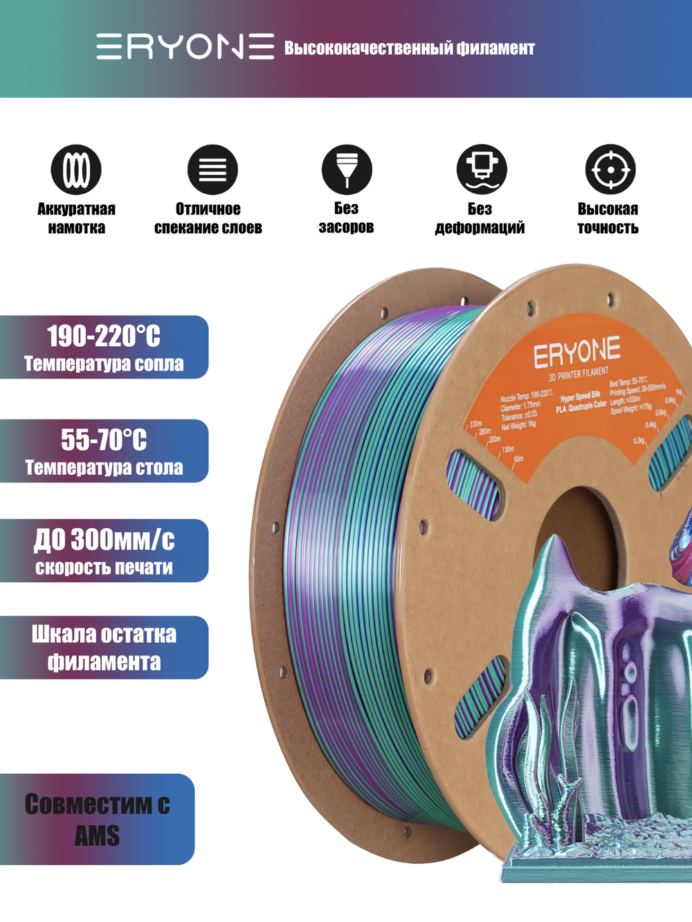 Пластик Eryone HS Quadruple Color Silk PLA Aurora Dream Teal Green & Violet & Electric Pink & Indigo