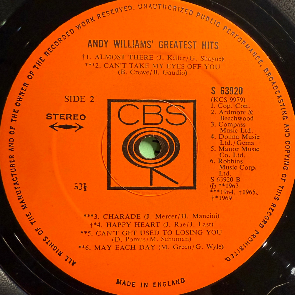 Andy Williams - Andy Williams' Greatest Hits (Англия 1970г.)