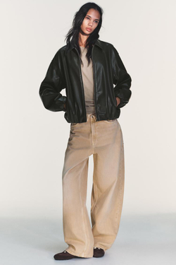 ZARA КУРТКА ИЗ ИСКУССТВЕННОЙ КОЖИ С ЭЛАСТИЧНЫМИ ВСТАВКАМИ, ЗЕЛЕНЫЙ МЕЛАНЖ