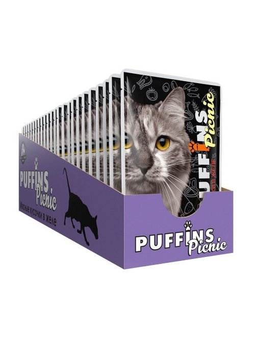 Puffins Picnic Влажный корм для кошек, говядина в желе, 26 шт x 85 г
