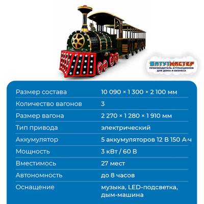 Аттракцион паровозик «Городской объездчик», 3 вагона, 27 мест