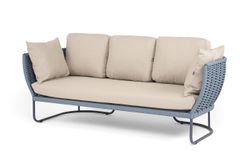 "Фиджи" диван 3-местный плетеный из роупа, каркас алюминий темно-серый (RAL7024) муар, роуп синий (KT18-0014) 15 мм tex, ткань Mossle бежевая