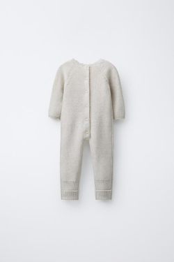 ZARA ВЯЗАНЫЙ КОМБИНЕЗОН С ВЫШИВКОЙ ЦВЕТОВ, СВЕТЛО-БЕЖЕВЫЙ