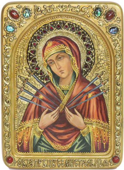 Живописная инкрустированная икона Образ Божией Матери Семистрельная 29х21см на кипарисе