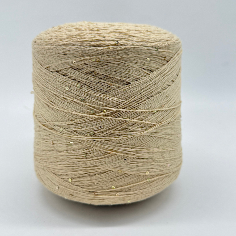 Пряжа Pailettes Cotton (100% хлопок) пайетки 2мм, 530/100 гр, бежевый, пайетки 3мм белое золото