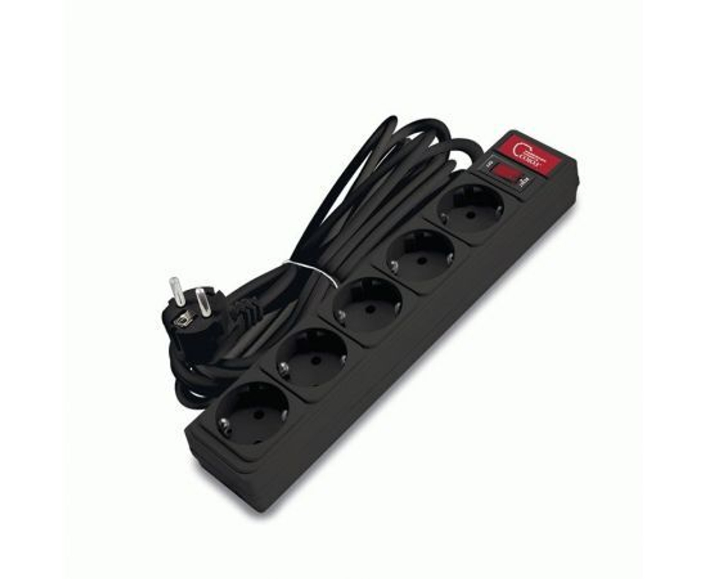 Сетевой фильтр 5 гнезд Союз, 5 м, ПВС, 3х0.75 мм, с заземлением, 10 А, черный