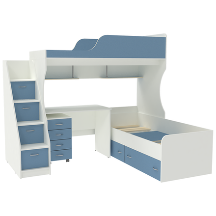 Двухъярусная кровать КарИВи Дуэт-5 с лестницей Комод КарИВиом Белый  Светло-синий, голубой