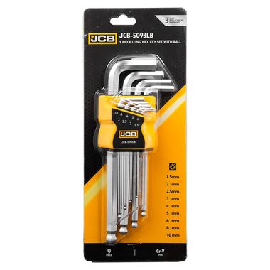 Ключи Г-образные 6-гранные длинные с шаром, набор 9пр. (1.5, 2, 2.5, 3-6, 8, 10мм) JCB JCB-5093LB