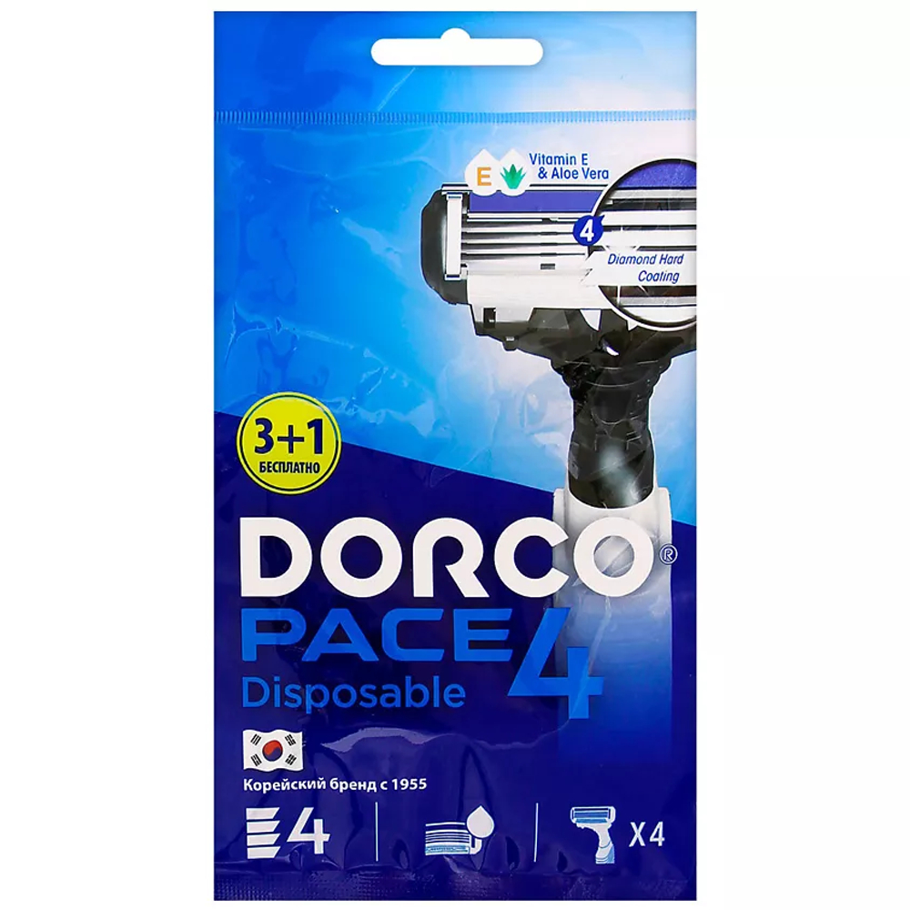 Dorco Станок бритвенный PACE 4, одноразовый, с увлажняющей полоской, (3 шт + 1 шт в подарок)