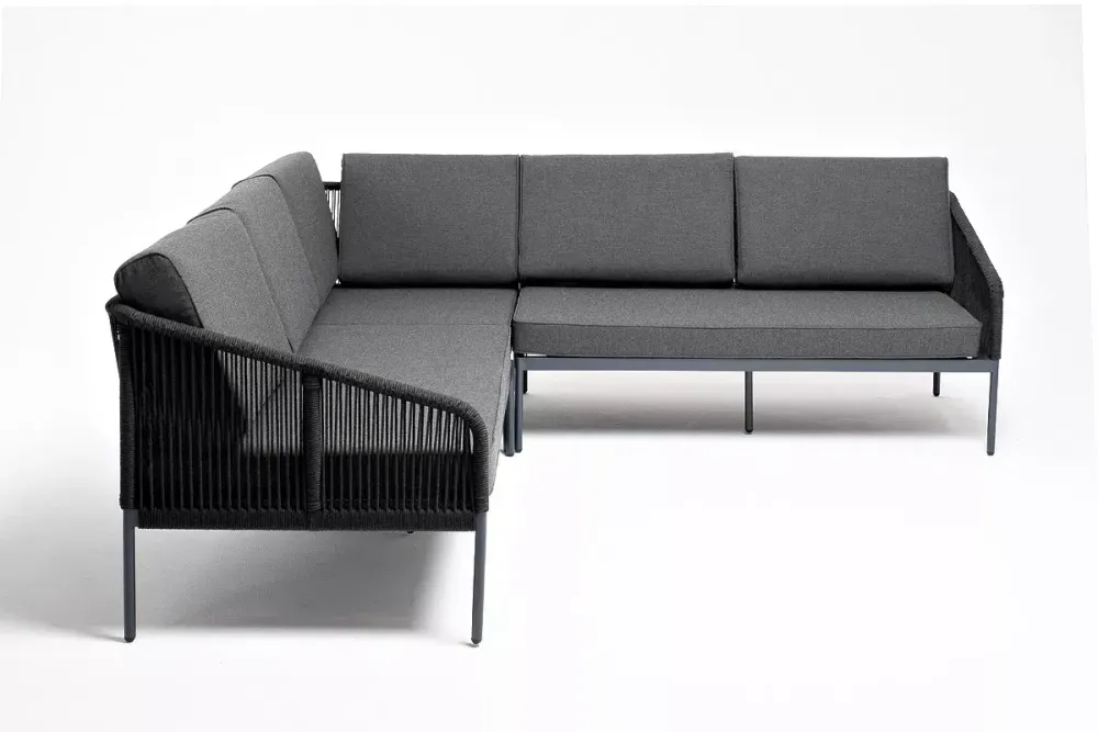 "Канны" диван модульный плетеный из роупа, каркас алюминий темно-серый (RAL7024) муар, роуп темно-серый круглый, ткань темно-серая 027