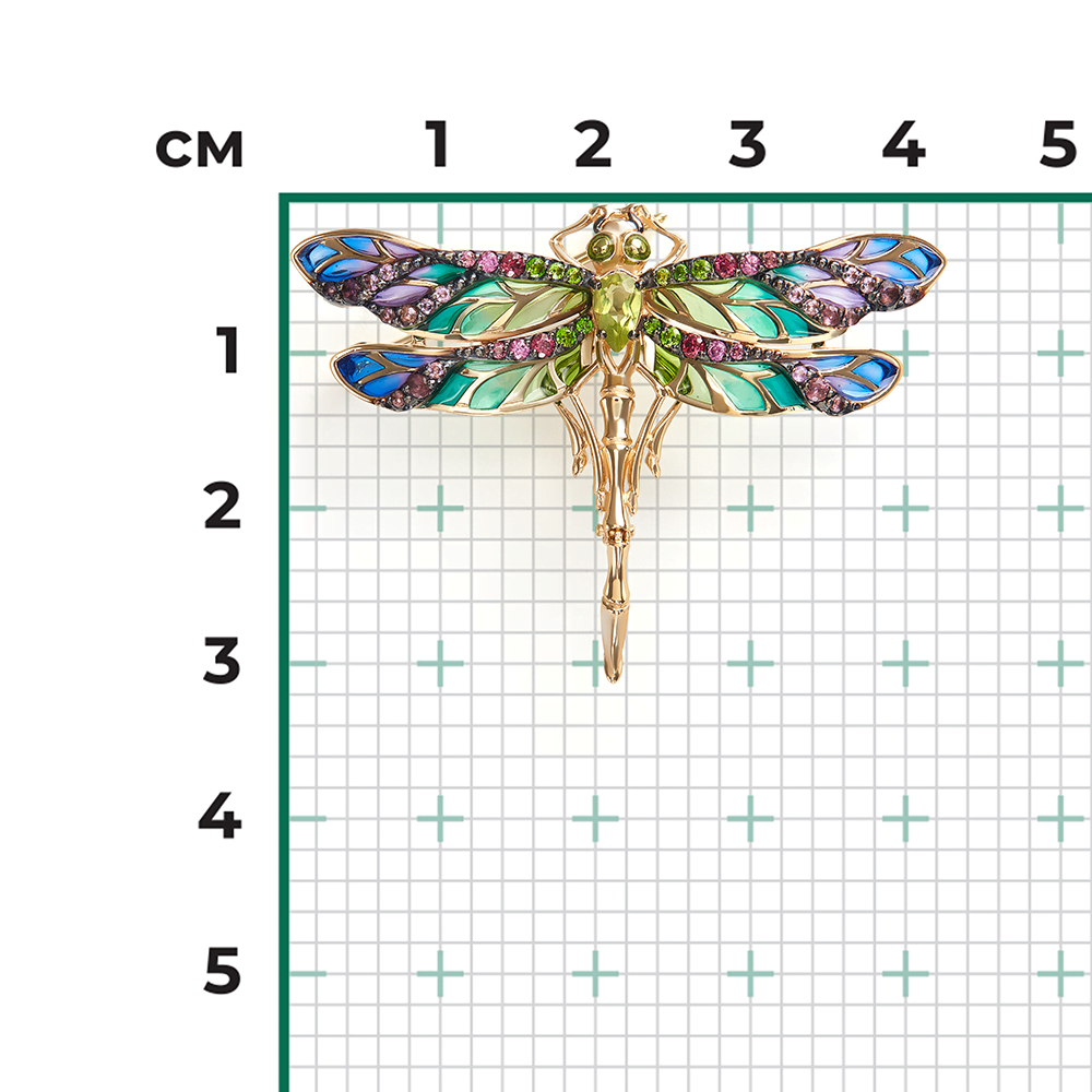 Брошь «Стрекоза» из лимонного золота с миксом камней и эмалью