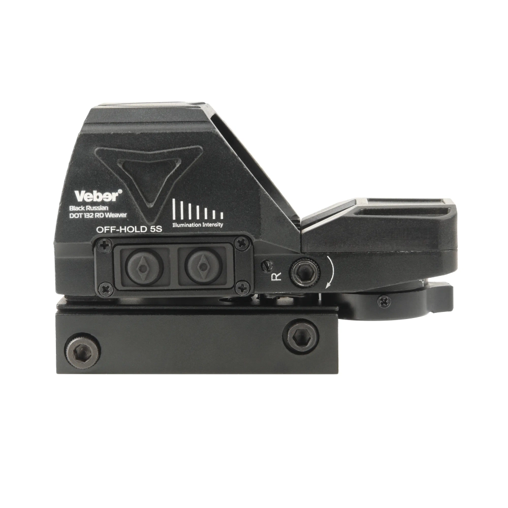 Прицел коллиматорный Veber Black Russian DOT 132 RD Weaver - вид сбоку с переключателями